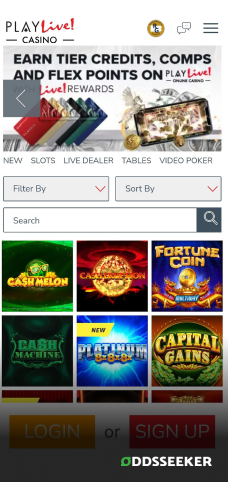 A screenshot of the mobile login page for PlayLive! Casino